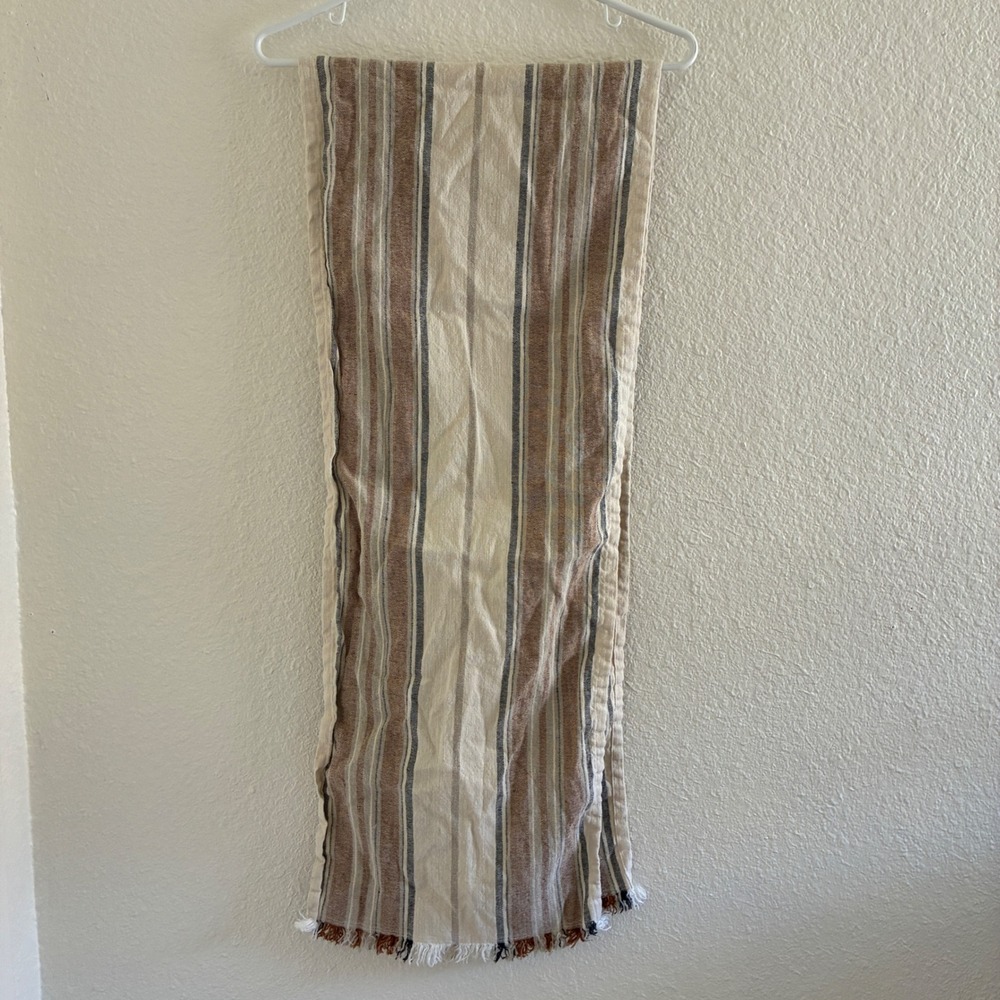 Linen Striped Fall Table Runner Automnal Orange Cream Tan Tassel Ends 13" x 70"